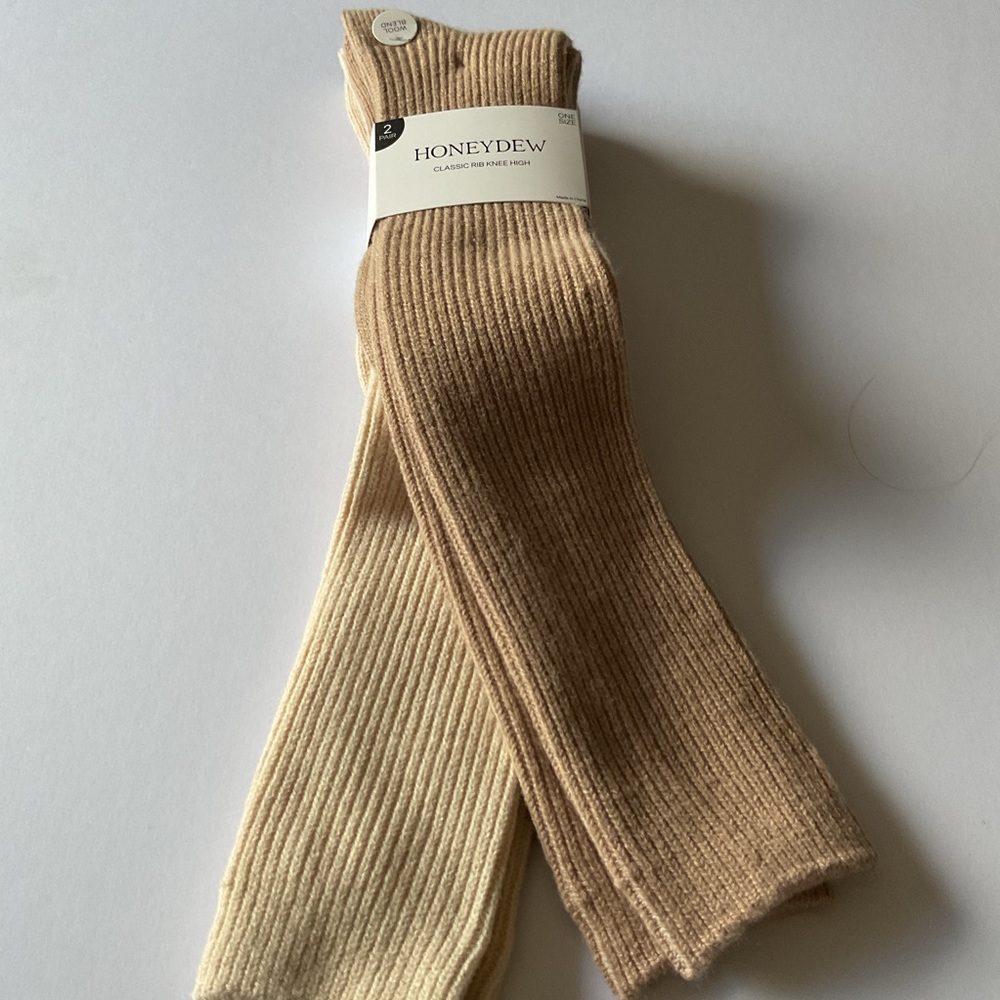 HONEYDEW WOMENS 2 PAIR RIB KNIT WOOL BLND KNEE HIGH SOCKS OS CAMEL/OAT NWT
